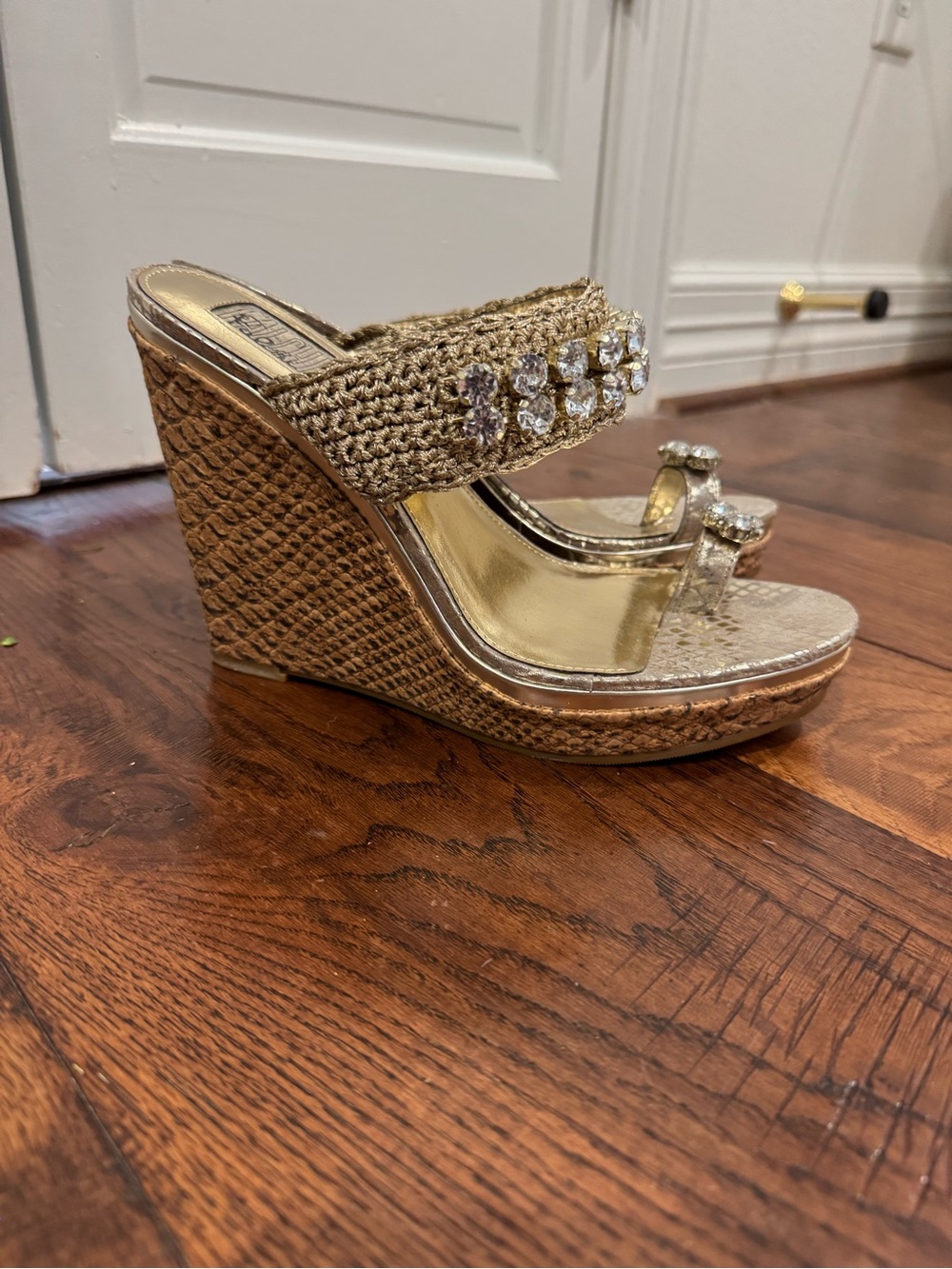 FIONI Clothing Metallic Gold Jeweled Crochet Slide Sandals - Picture 4 of 11